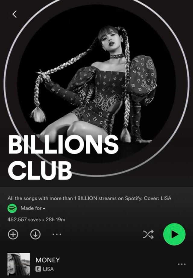 Money de Lisa en el 'Billions Club' de Spotify. Foto: Spotify<br> 